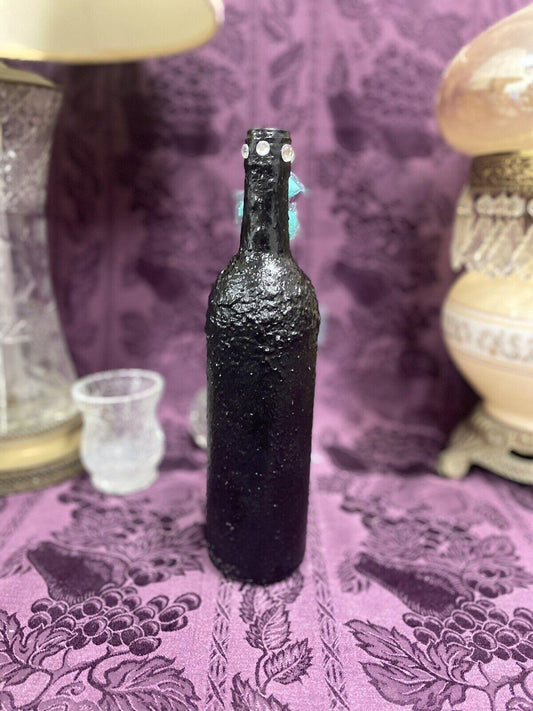 Decorative Wine Bottle Stained Glass Hand Painted Upcycled Black Tiffany Blue - Stylin Spirit