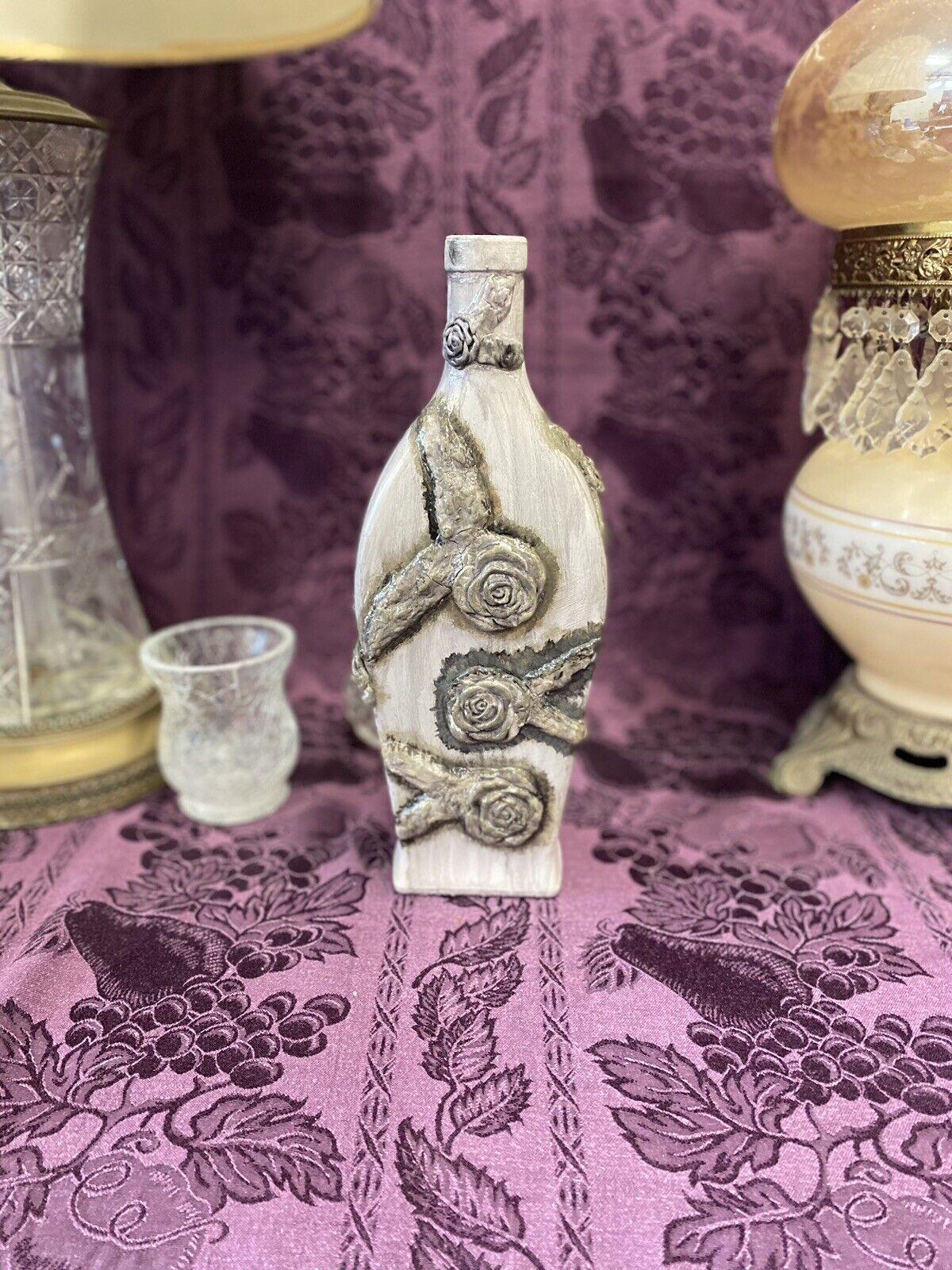 Decorative Wine Bottle Stained Glass Hand Painted Upcycled Aged Gray Roses - Stylin Spirit