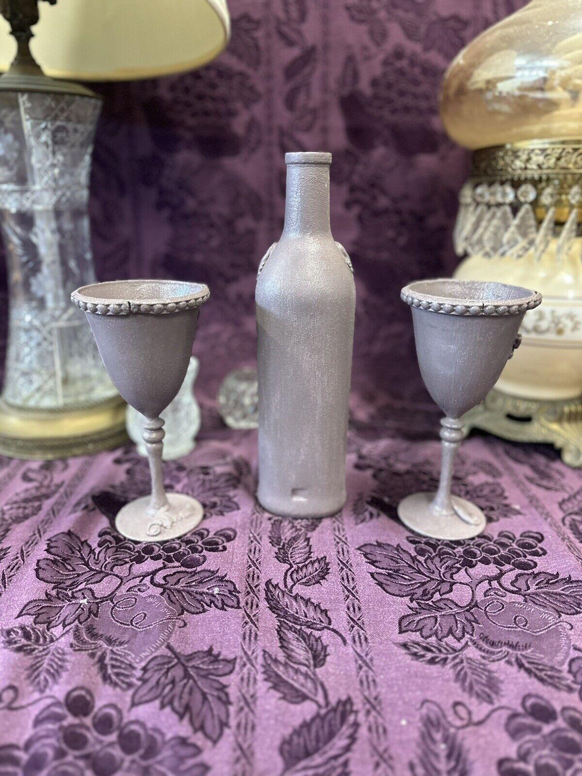 Decorative Glass Bottle in a gray textured paint & matching goblets glasses - Stylin Spirit