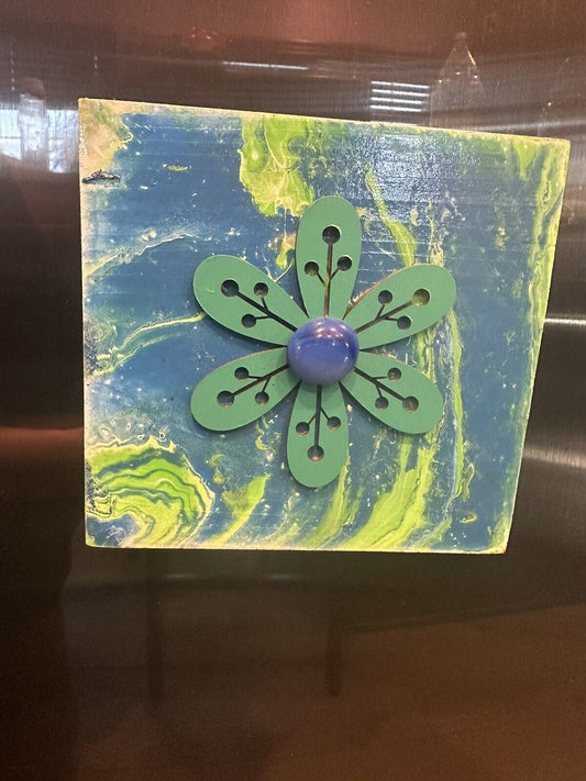 6x6 Inch Wood Refrigerator Magnet Blue Yellow Green Paint Pour With Flower Refrigerator Magnet Stylin’ Spirit   