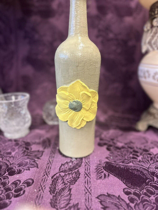 Decorative Wine Bottle Stained Glass Upcycled Hand Painted Light Green & Yellow - Stylin Spirit