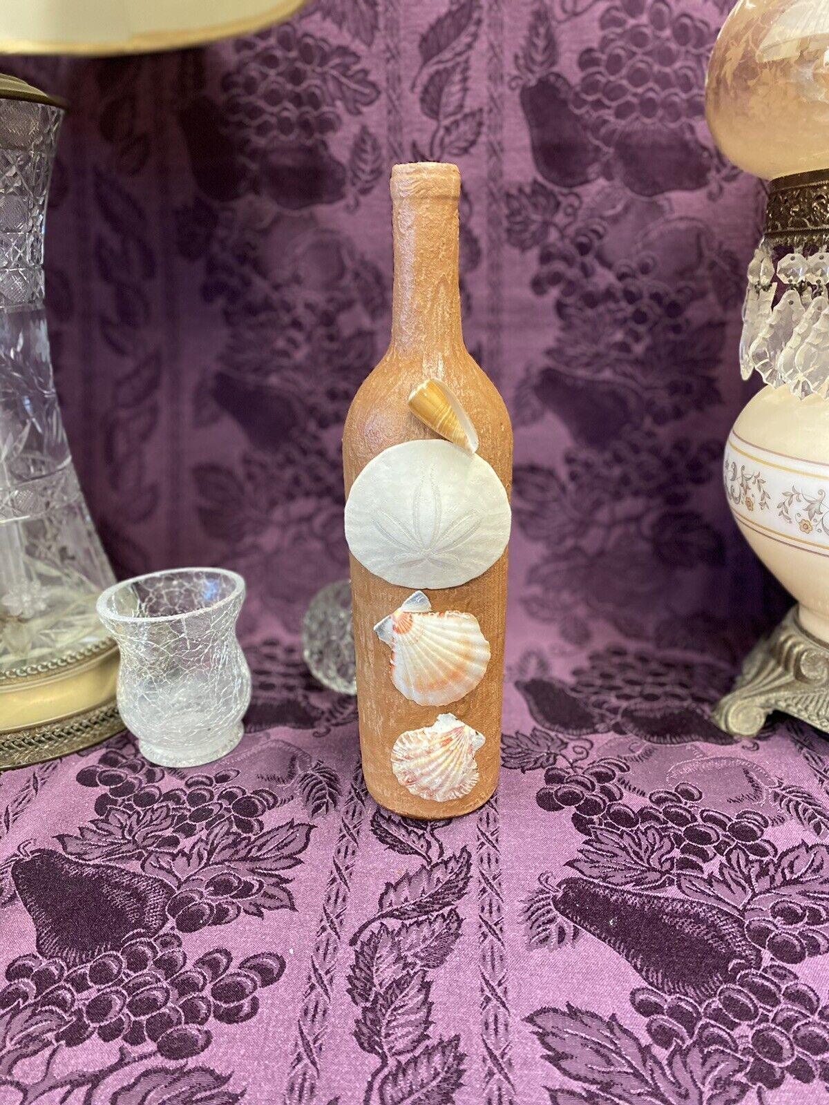 Decorative Wine Bottle Stained Glass Hand Painted Upcycled Tan Sand Seashells - Stylin Spirit