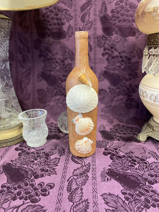Decorative Wine Bottle Stained Glass Hand Painted Upcycled Tan Sand Seashells - Stylin Spirit