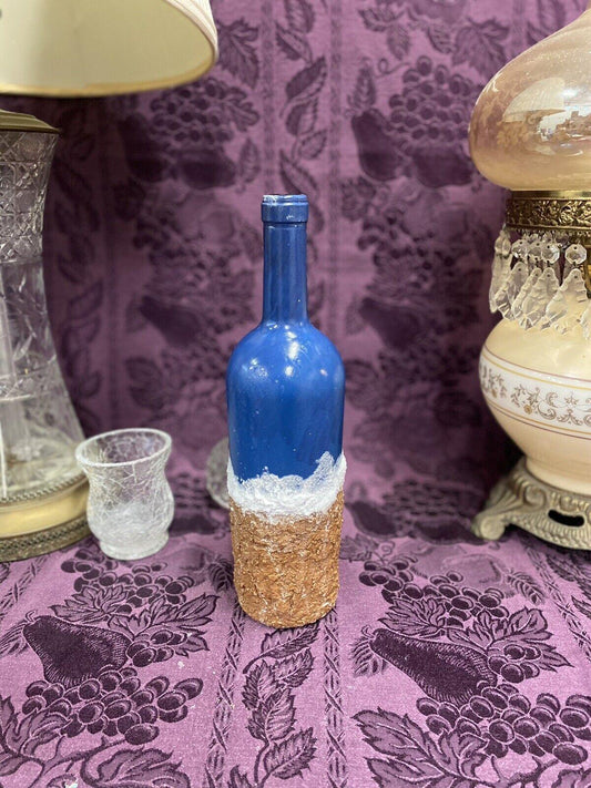 Decorative Wine Bottle Stained Glass Upcycled Hand Painted Ocean Beach Theme - Stylin Spirit
