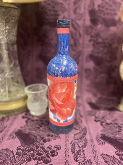 Decorative Wine Bottle Stained Glass Hand Painted Upcycled Blue Flowers - Stylin Spirit