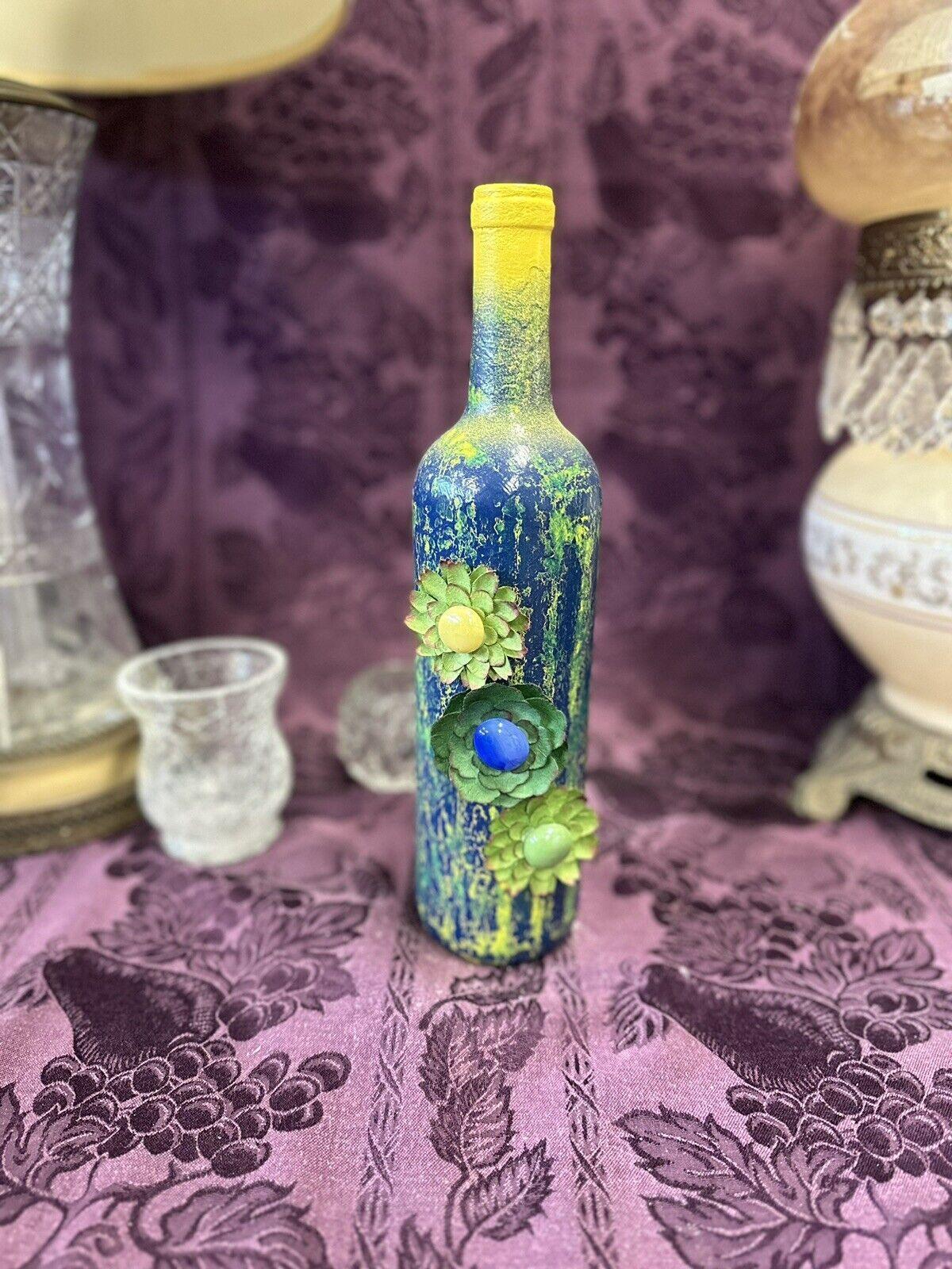 Decorative Wine Bottle Blue Green Yellow crackle finish & silk flowers - Stylin Spirit