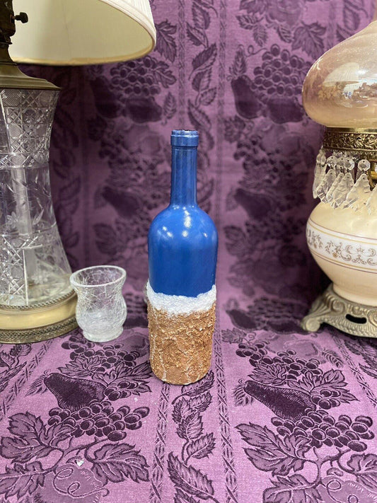 Decorative Wine Bottle Stained Glass Upcycled Hand Painted Ocean Beach Theme - Stylin Spirit