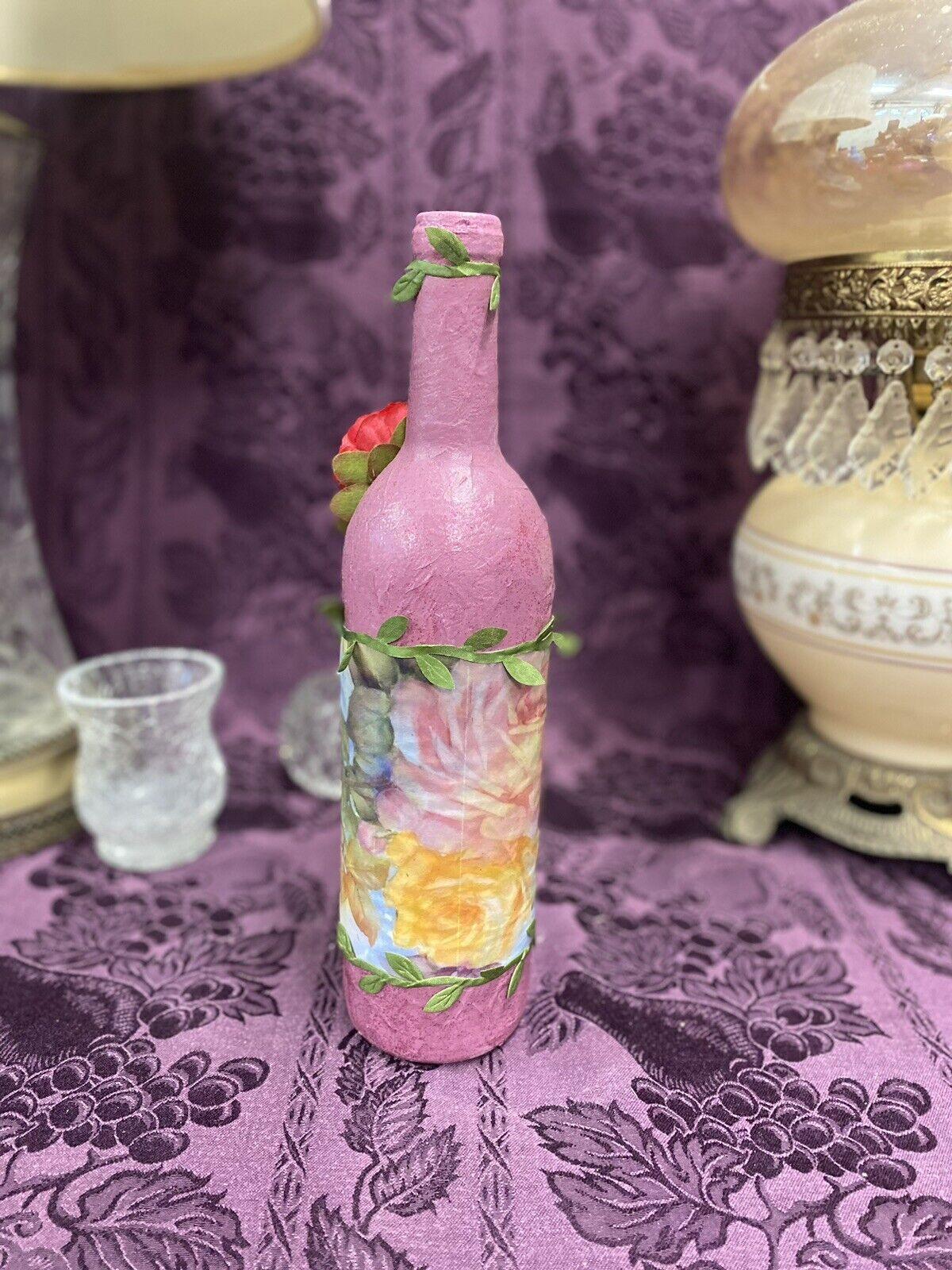 Decorative Wine Bottle Stained Glass Hand Painted Upcycled Pink Flowers - Stylin Spirit