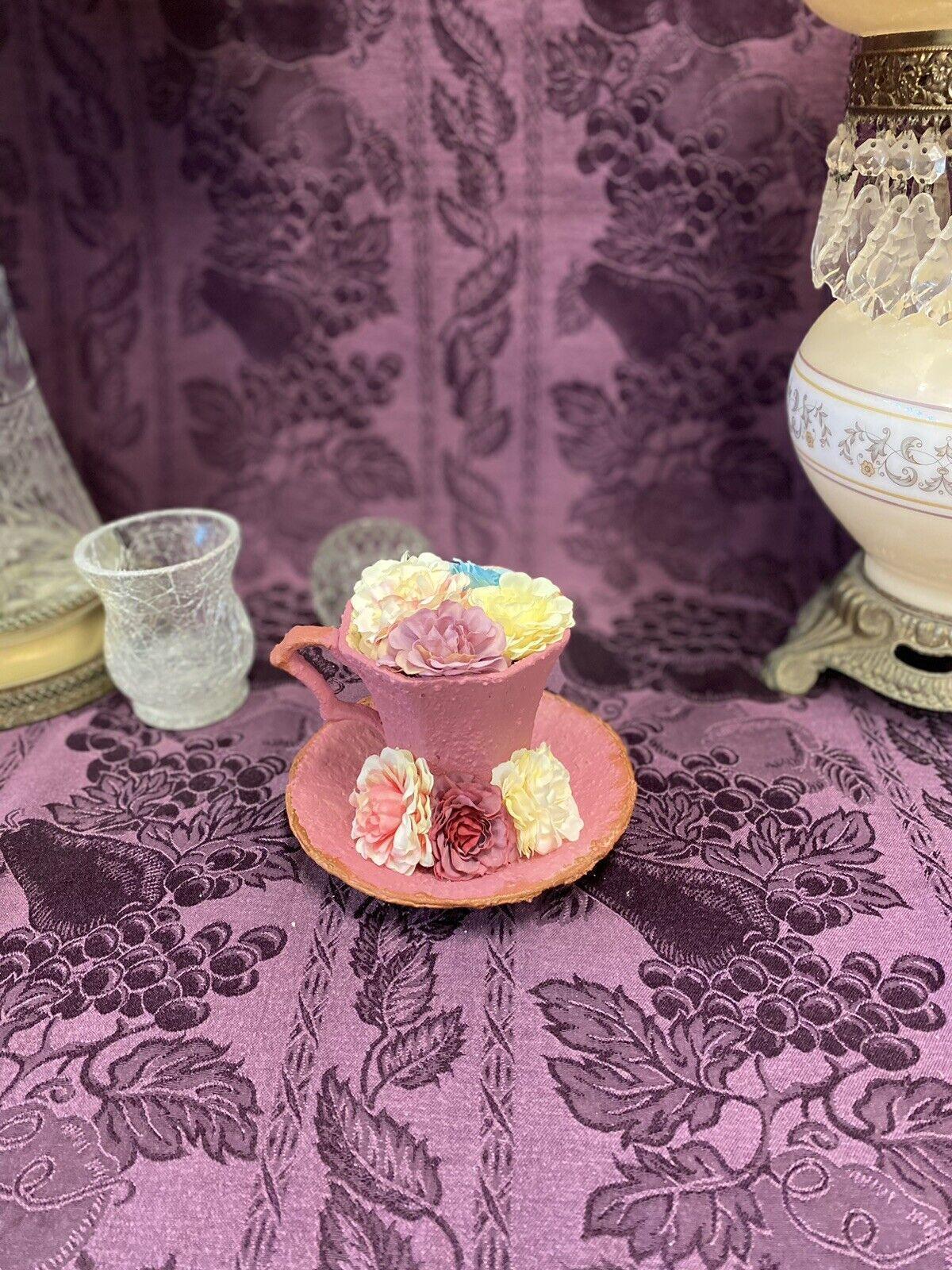 Handcrafted Flower Tea Coffee Cup Saucer Garden Collection Dusty Rose Pink Tan - Stylin Spirit