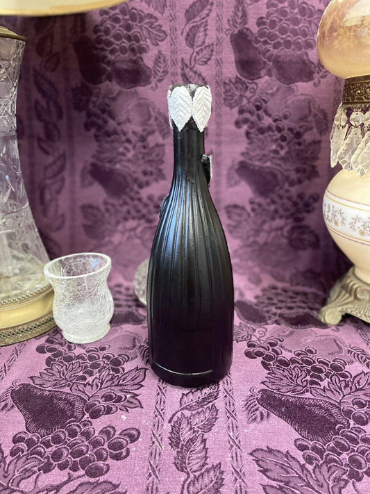 Decorative Wine Bottle Stained Glass Upcycled Hand Painted Black White Flower - Stylin Spirit