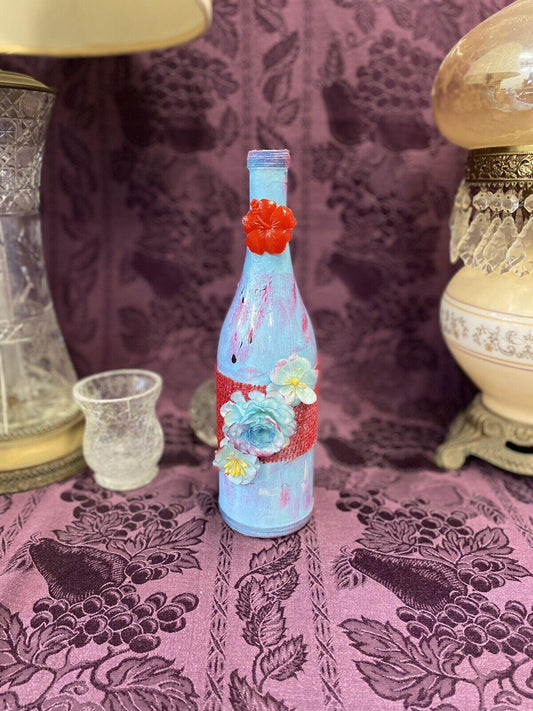 Decorative Wine Bottle Stained Glass Hand Painted Upcycled Baby Blue Red - Stylin Spirit