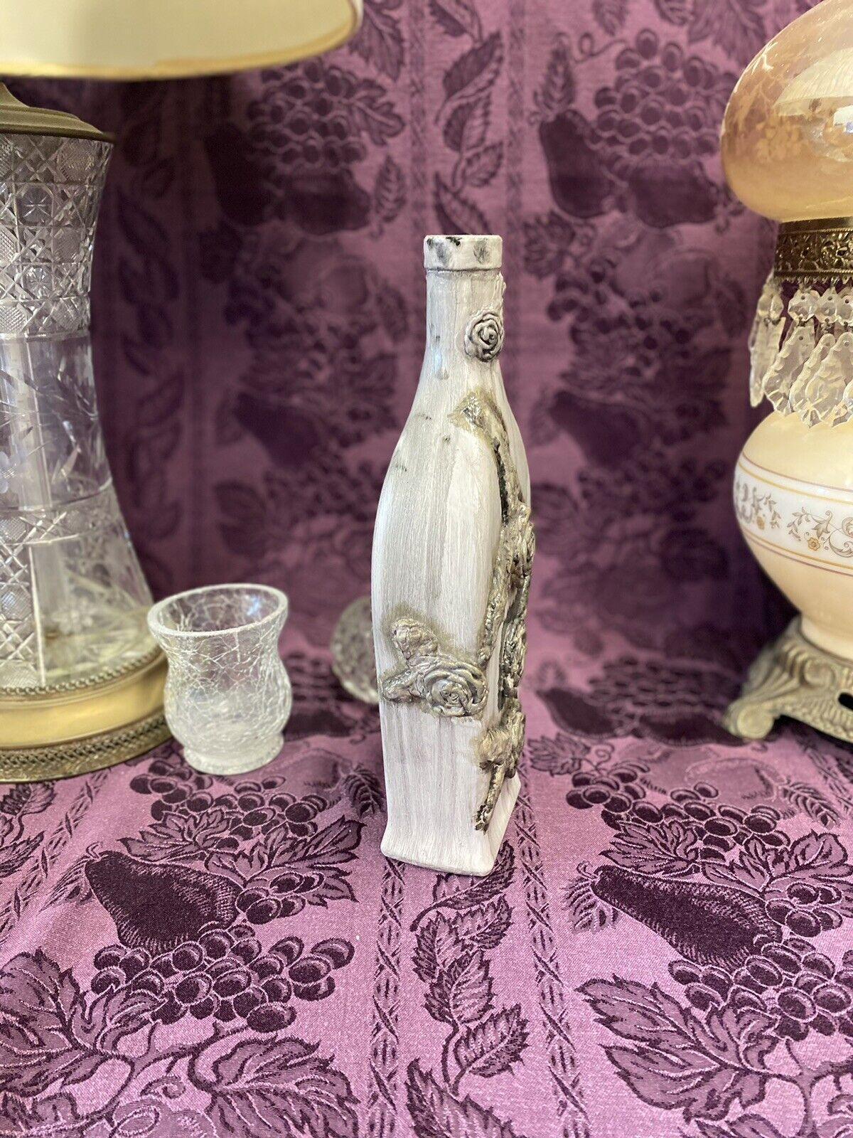 Decorative Wine Bottle Stained Glass Hand Painted Upcycled Aged Gray Roses - Stylin Spirit