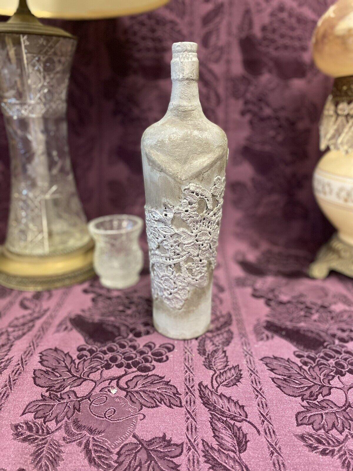 Decorative Glass Bottle Stained Upcycled Hand Painted Chalk Paint Gray And Lace - Stylin Spirit