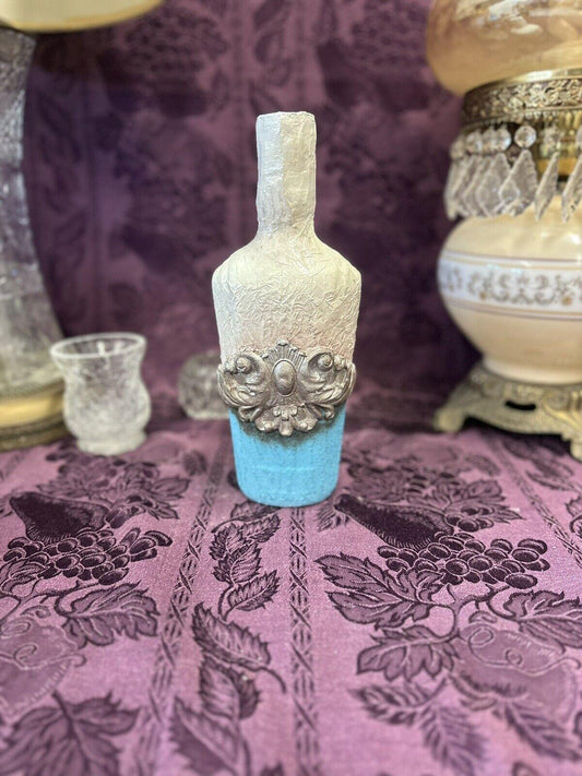 Decorative Glass Bottle hand painted teal aqua blue & aged white - Stylin Spirit