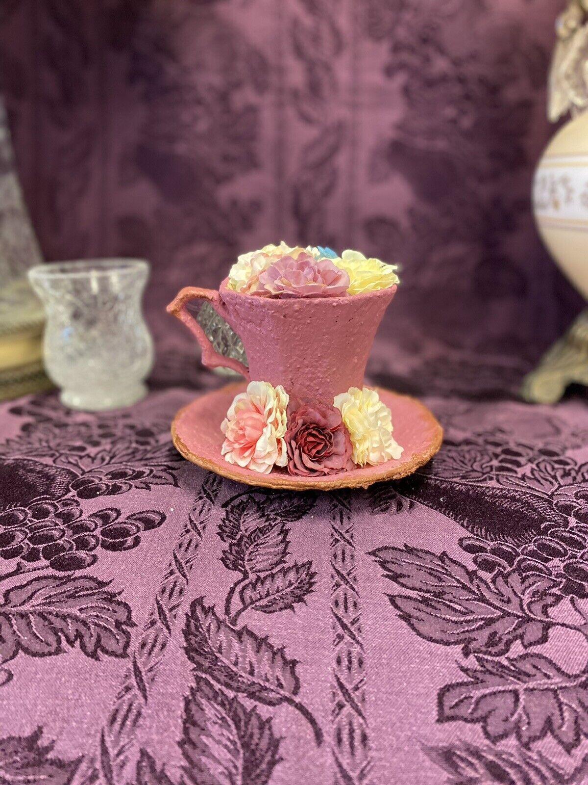 Handcrafted Flower Tea Coffee Cup Saucer Garden Collection Dusty Rose Pink Tan - Stylin Spirit
