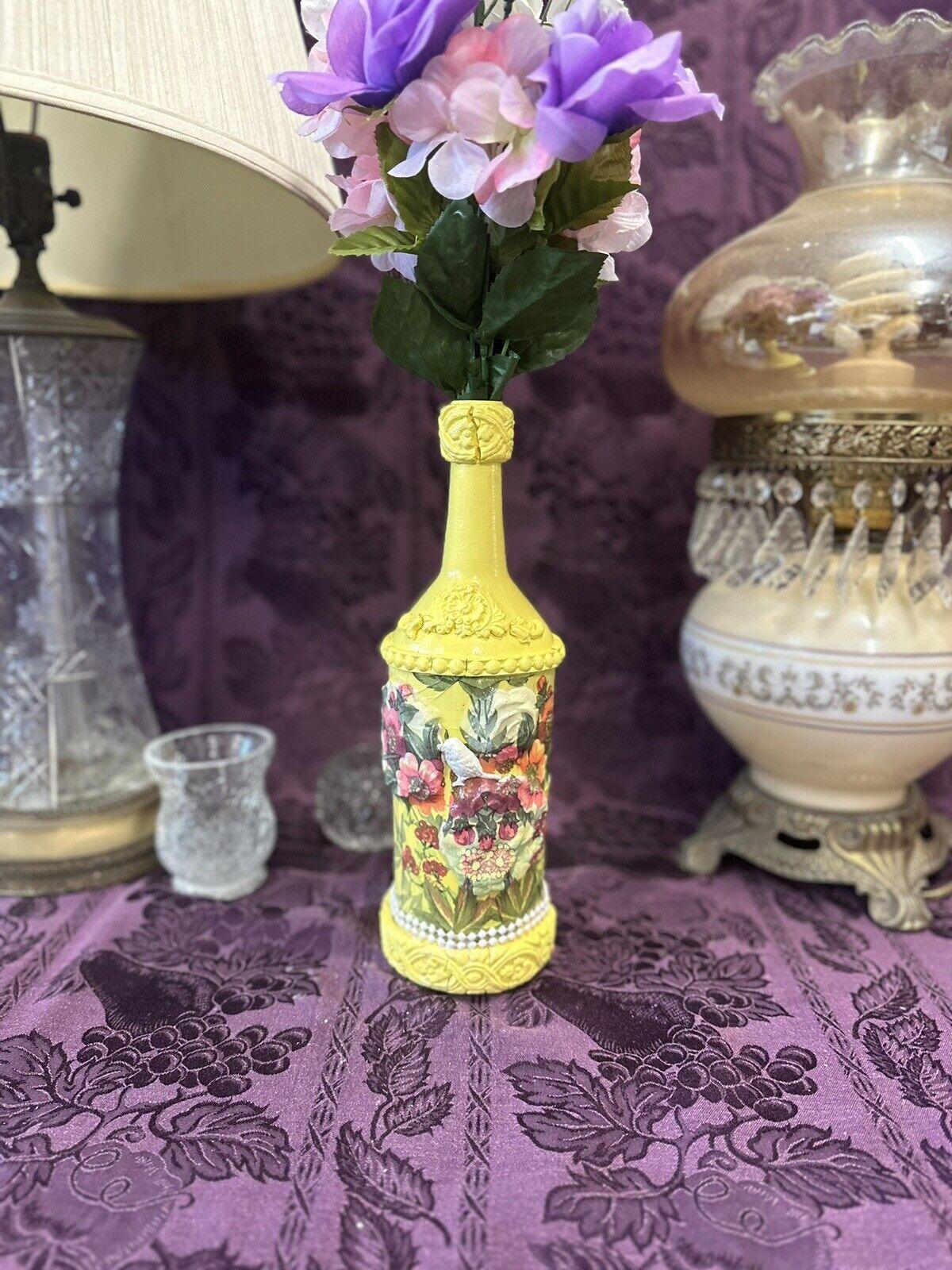 Decorative Wine Bottle Glass Vase Upcycled Hand Painted Yellow Floral - Stylin Spirit