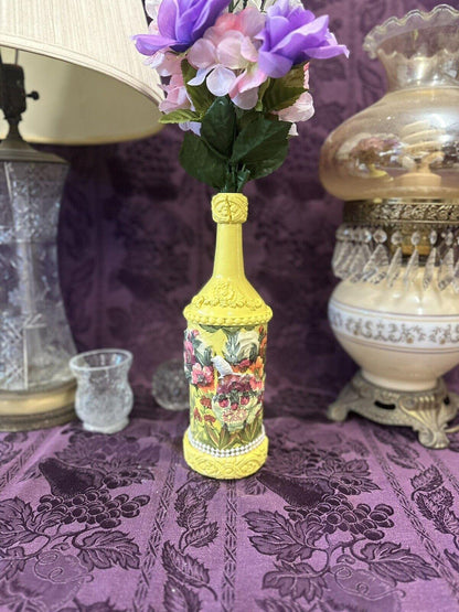 Decorative Wine Bottle Glass Vase Upcycled Hand Painted Yellow Floral - Stylin Spirit