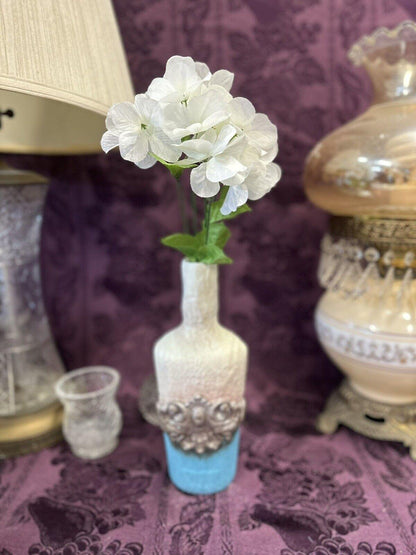 Decorative Glass Bottle hand painted teal aqua blue & aged white - Stylin Spirit