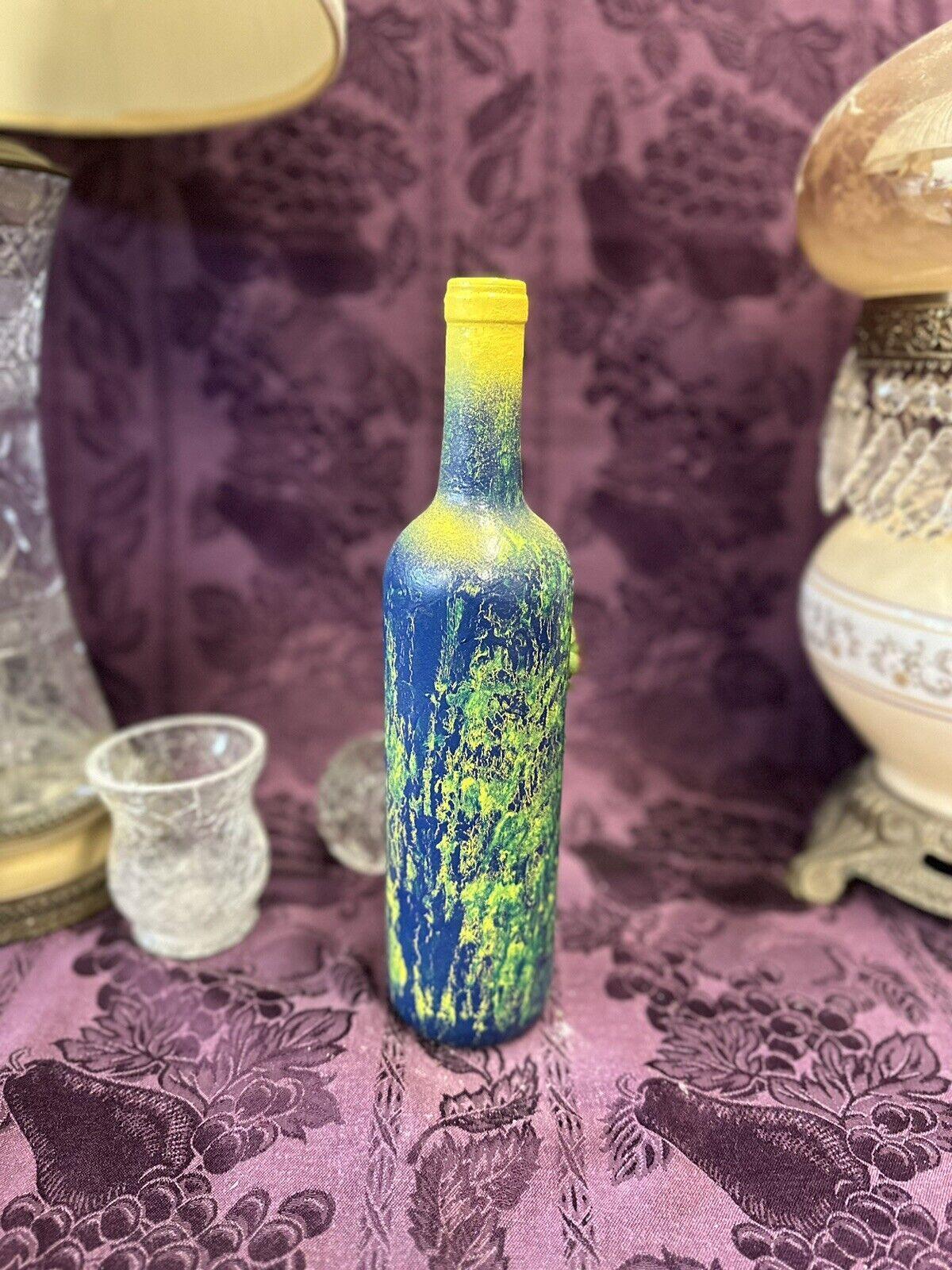 Decorative Wine Bottle Blue Green Yellow crackle finish & silk flowers - Stylin Spirit