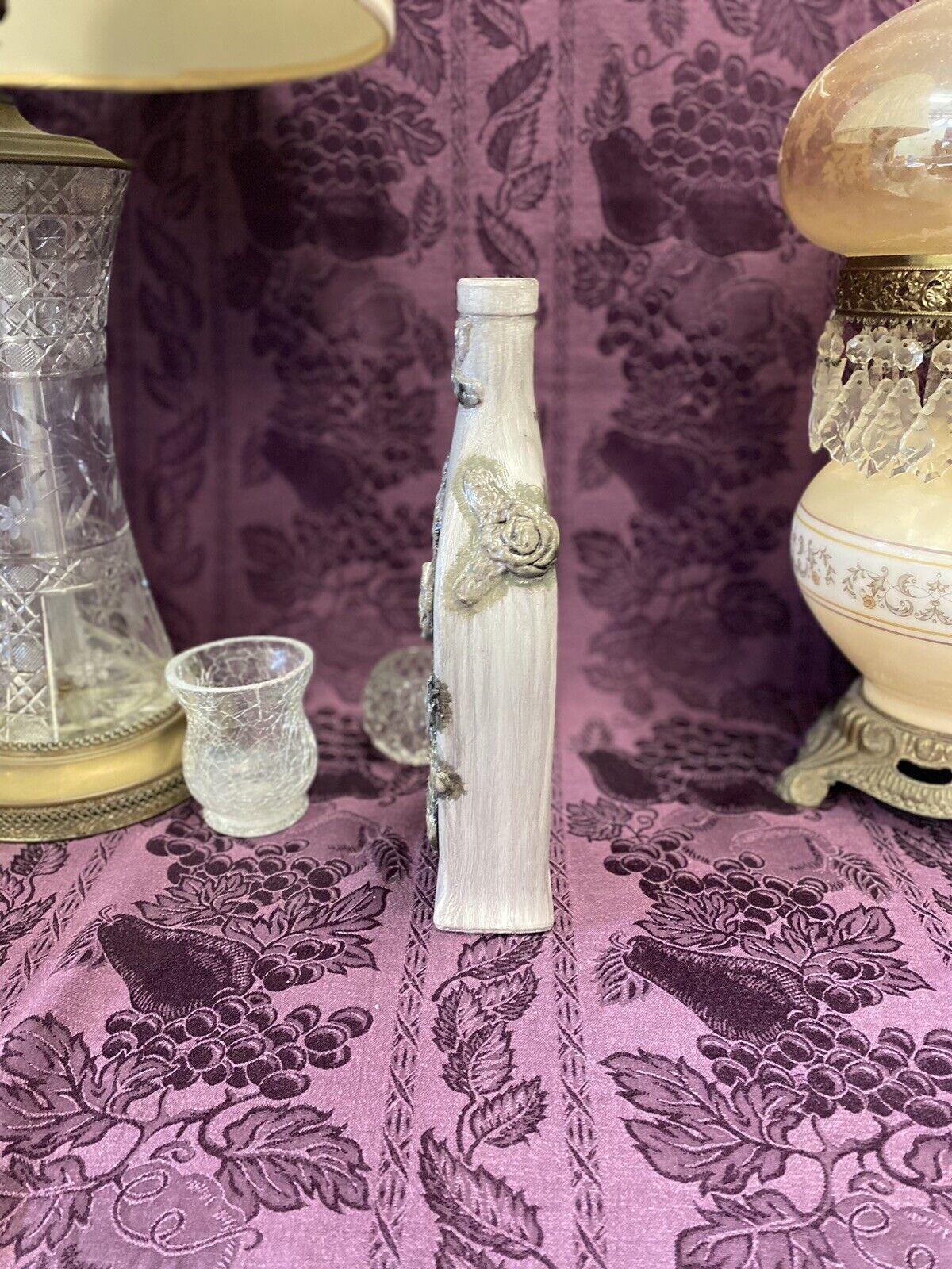 Decorative Wine Bottle Stained Glass Hand Painted Upcycled Aged Gray Roses - Stylin Spirit