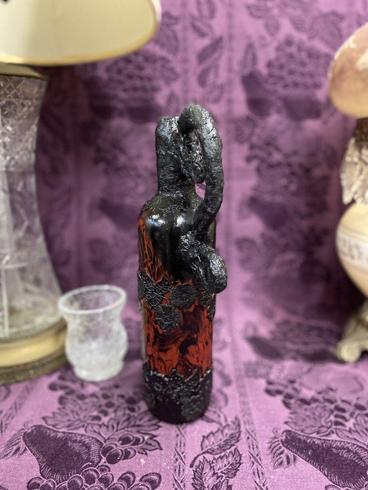 Decorative Wine Bottle Stained Glass Upcycled Hand Painted Black Red Handle - Stylin Spirit