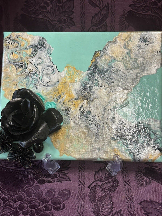 Hand painted Paint Pour 8 X 10 Aqua Black Gold Flowers Wall Hanging Art Wall Art Stylin Spirit   