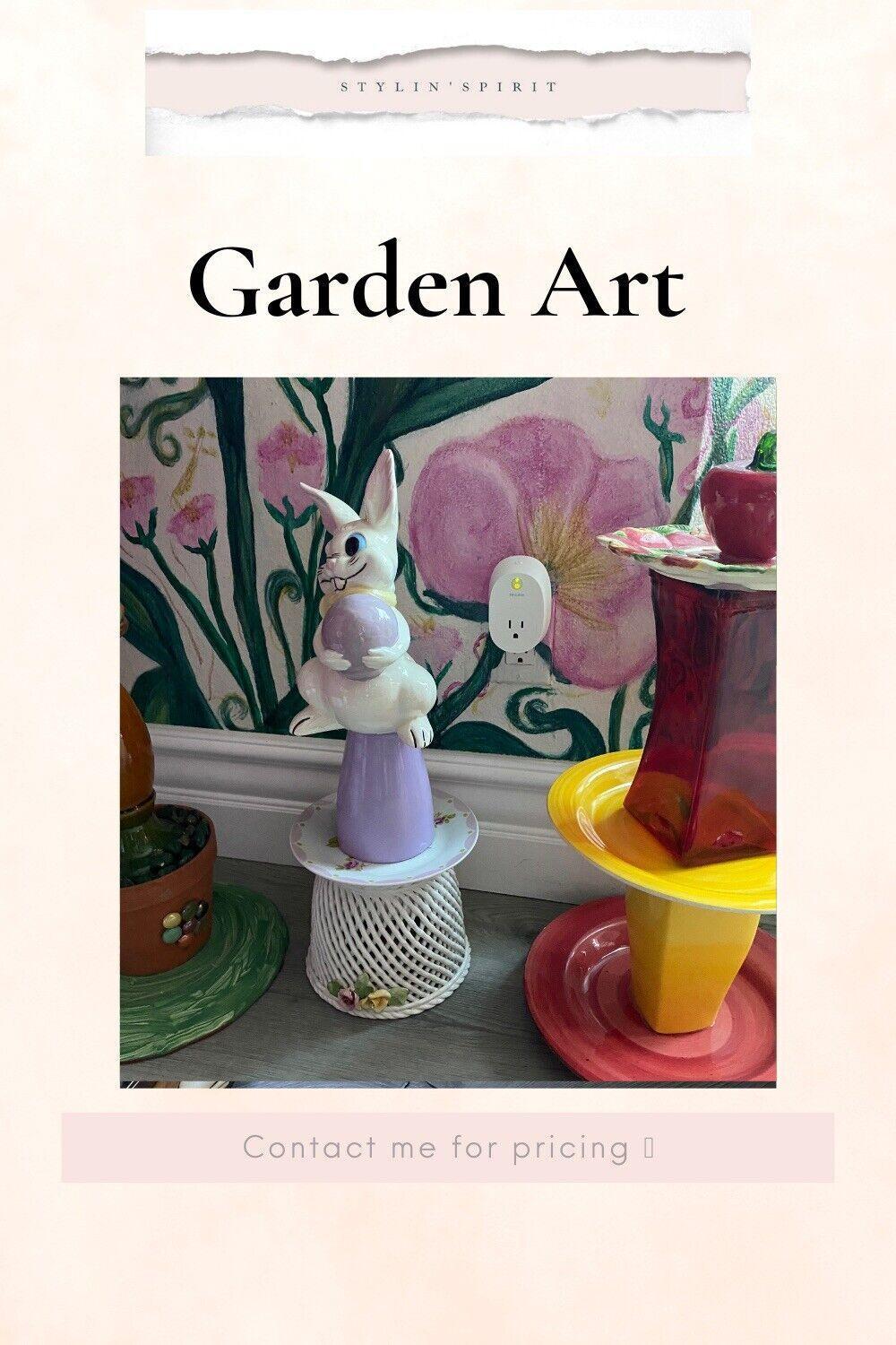 Whimsical Garden Art - Statue - Topiary - Repurposed Dishes And Ceramics Bunny - Stylin Spirit
