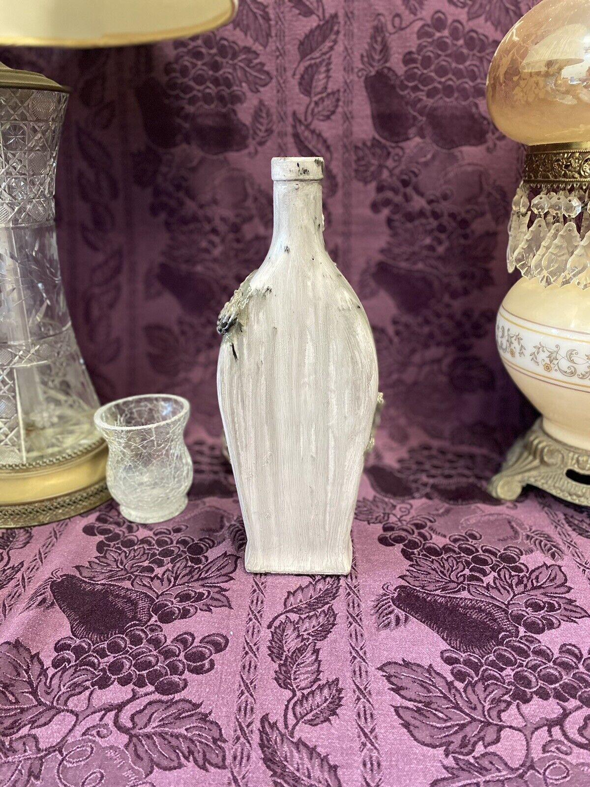 Decorative Wine Bottle Stained Glass Hand Painted Upcycled Aged Gray Roses - Stylin Spirit