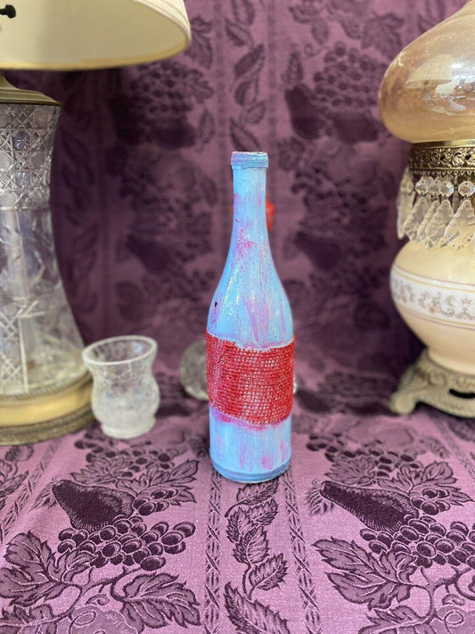 Decorative Wine Bottle Stained Glass Hand Painted Upcycled Baby Blue Red - Stylin Spirit