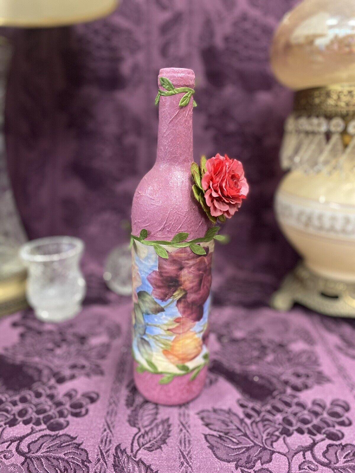 Decorative Wine Bottle Stained Glass Hand Painted Upcycled Pink Flowers - Stylin Spirit