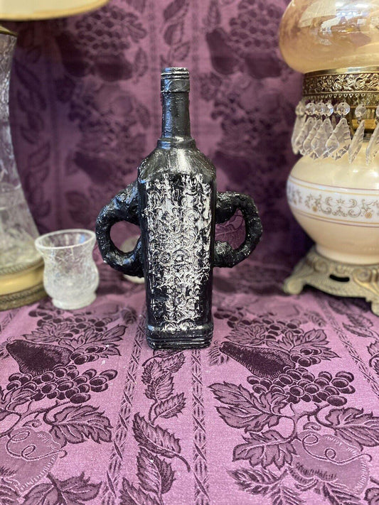 Decorative Wine Bottle Stained Glass Upcycled Hand Painted Black & White - Stylin Spirit