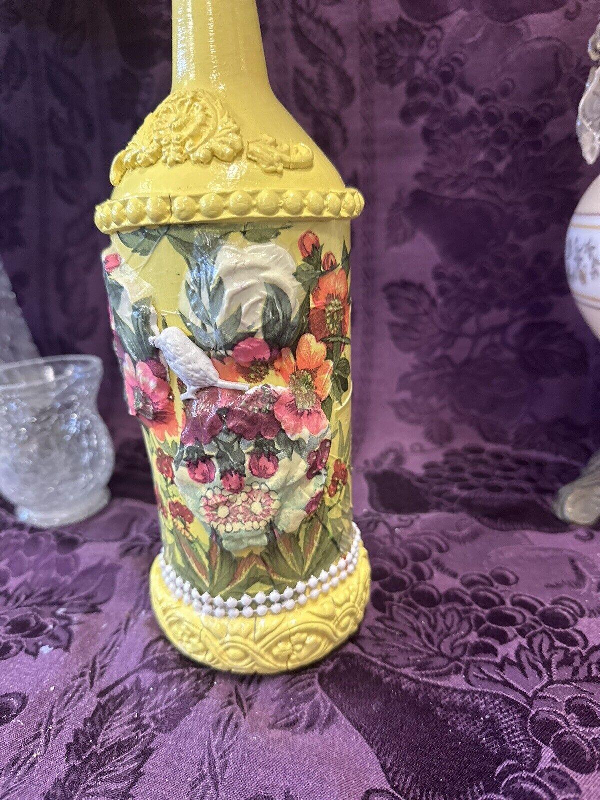 Decorative Wine Bottle Glass Vase Upcycled Hand Painted Yellow Floral - Stylin Spirit