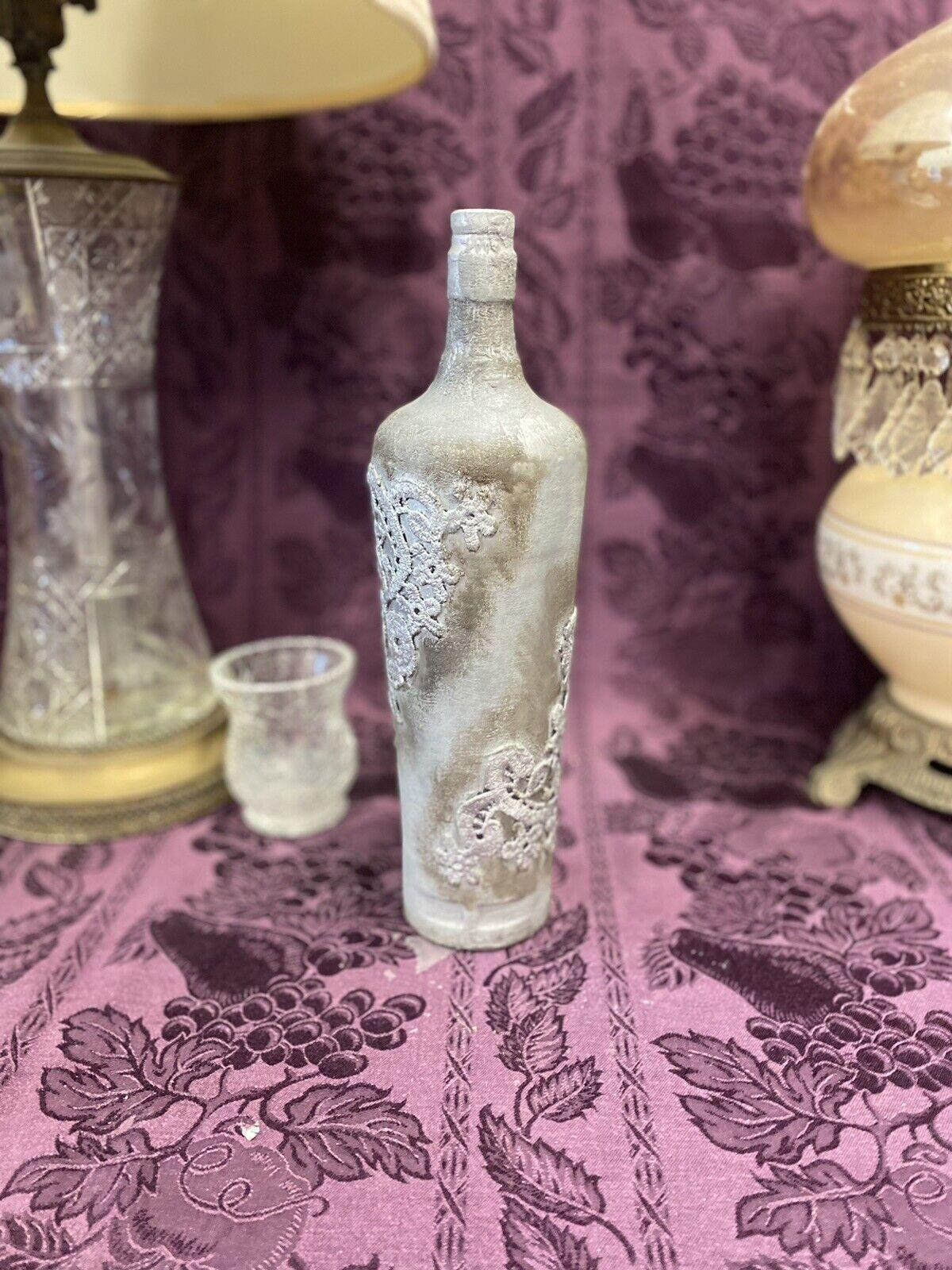 Decorative Glass Bottle Stained Upcycled Hand Painted Chalk Paint Gray And Lace - Stylin Spirit