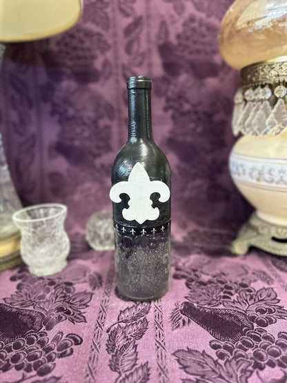 Decorative Glass Wine Bottle Black Hand Etched Filled with sand & glass beads - Stylin Spirit