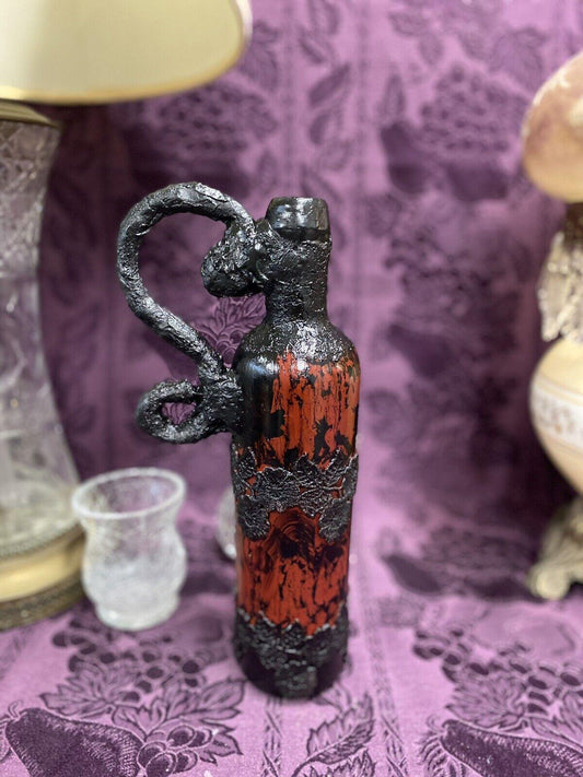 Decorative Wine Bottle Stained Glass Upcycled Hand Painted Black Red Handle - Stylin Spirit