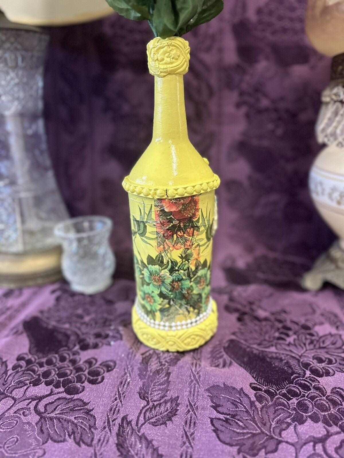 Decorative Wine Bottle Glass Vase Upcycled Hand Painted Yellow Floral - Stylin Spirit