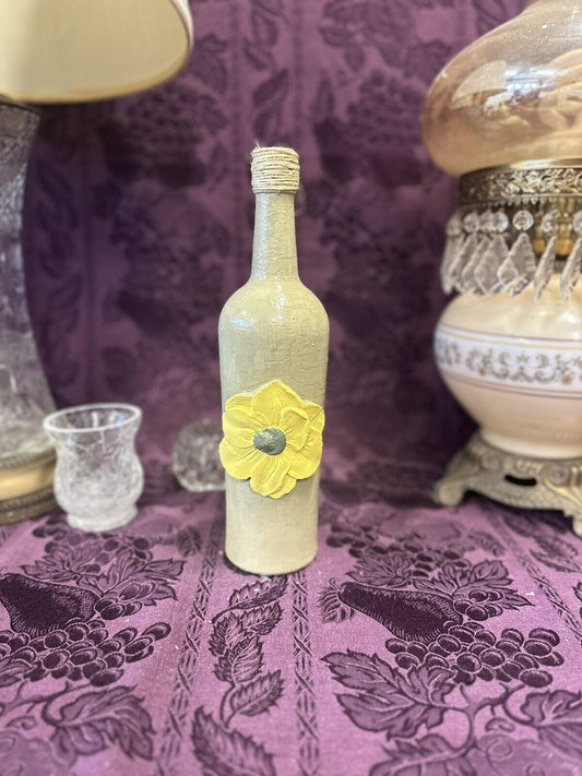Decorative Wine Bottle Stained Glass Upcycled Hand Painted Light Green & Yellow - Stylin Spirit