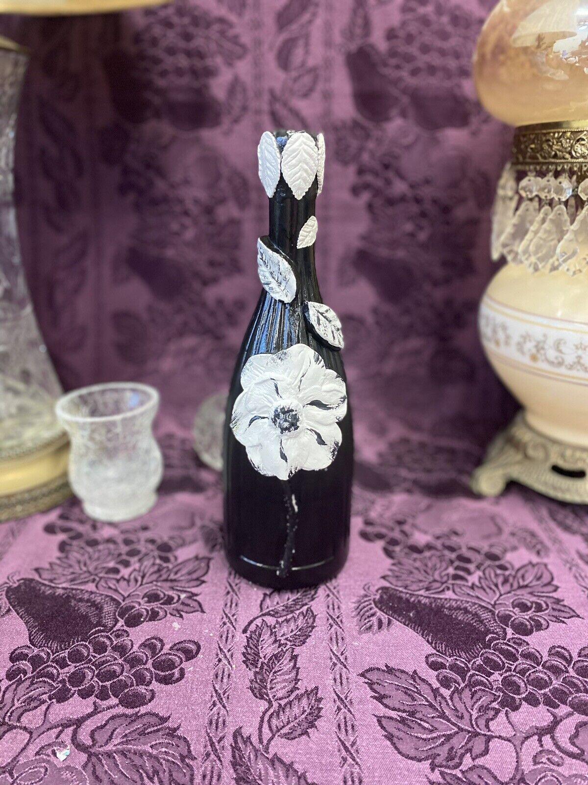 Decorative Wine Bottle Stained Glass Upcycled Hand Painted Black White Flower - Stylin Spirit
