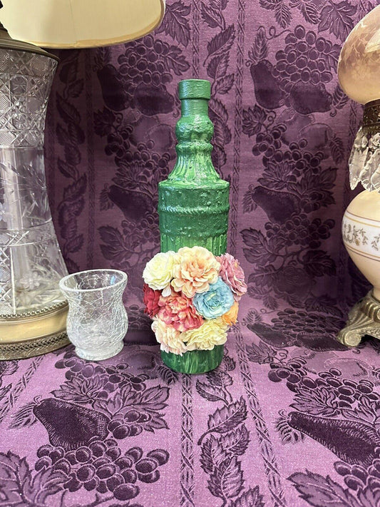 Decorative Pirate Bottle Stained Glass Vase Hand Painted green Silk Flowers - Stylin Spirit