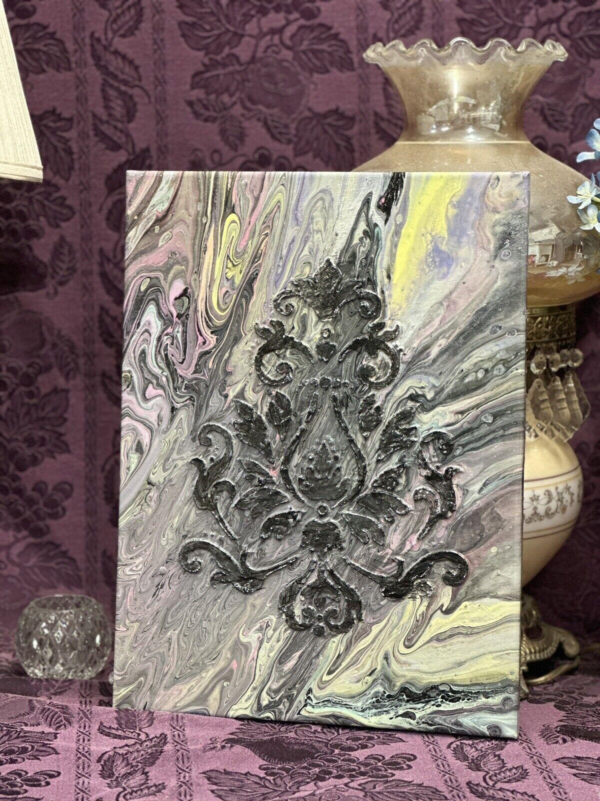 Hand painted Paint Pour 12 x 16 Pink White Gray Purple Black Wall Hanging Art - Stylin Spirit