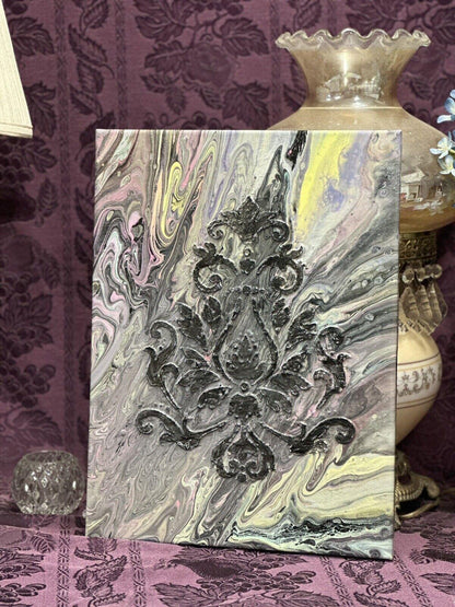 Hand painted Paint Pour 12 x 16 Pink White Gray Purple Black Wall Hanging Art - Stylin Spirit