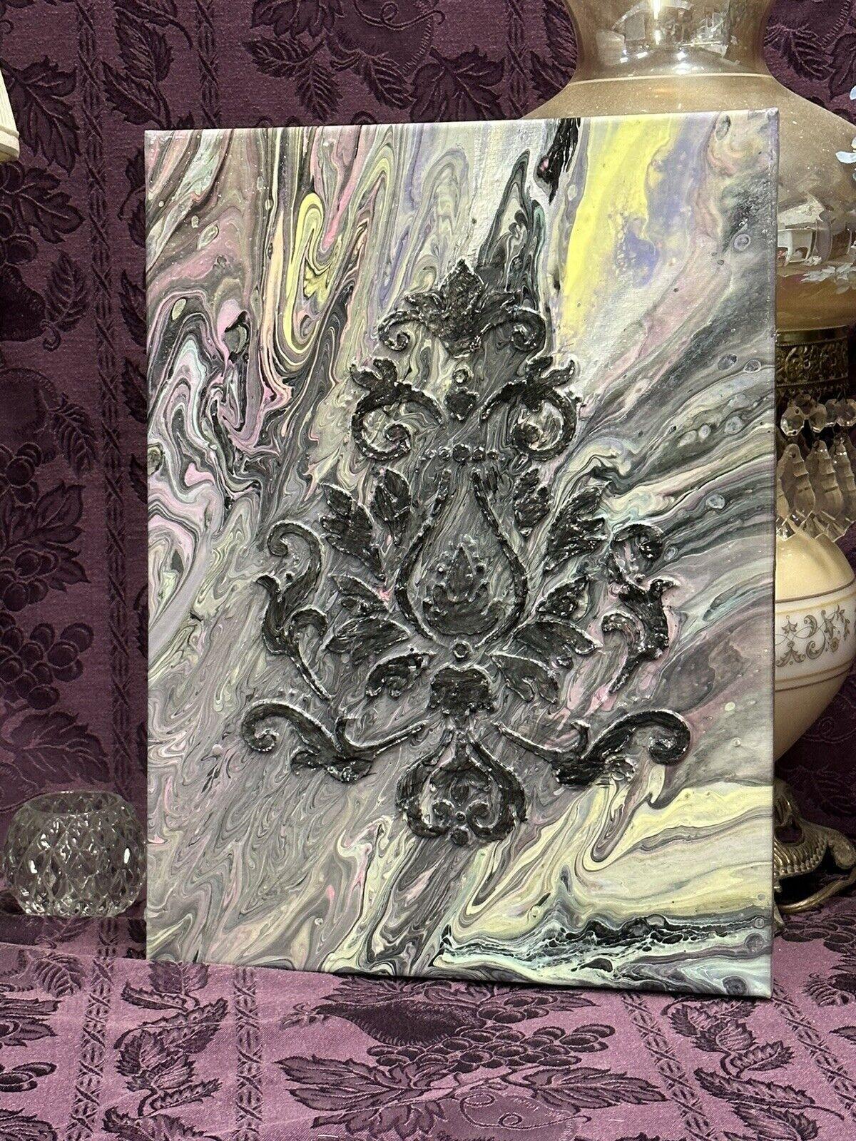Hand painted Paint Pour 12 x 16 Pink White Gray Purple Black Wall Hanging Art - Stylin Spirit