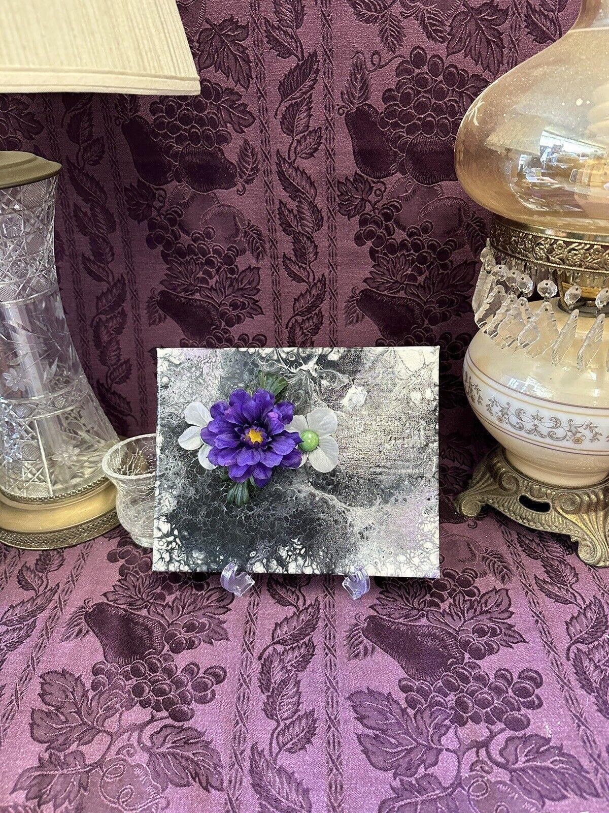 Hand painted Paint Pour 8 X 10 Black White Purple Flowers Wall Hanging Art - Stylin Spirit