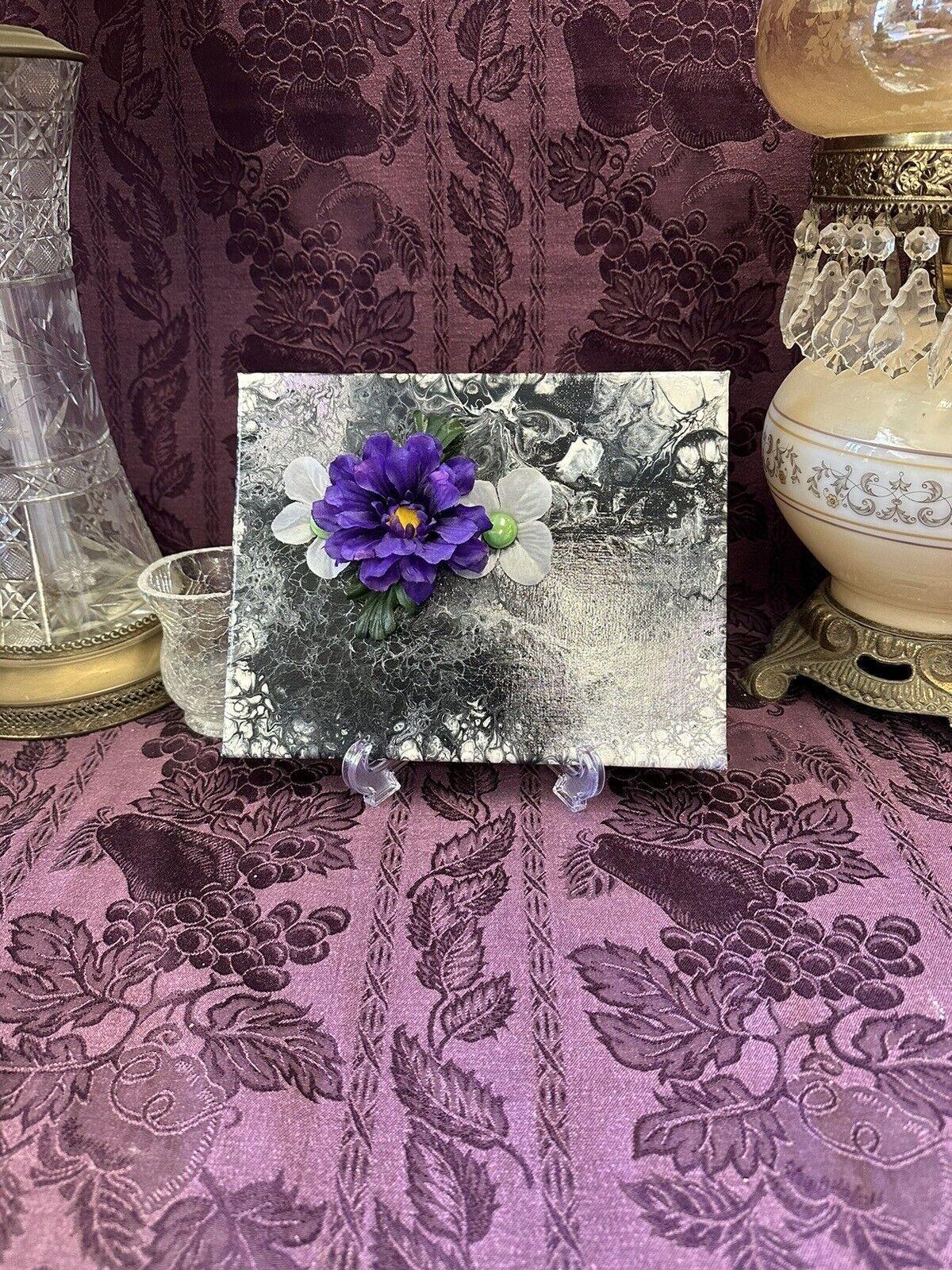 Hand painted Paint Pour 8 X 10 Black White Purple Flowers Wall Hanging Art - Stylin Spirit