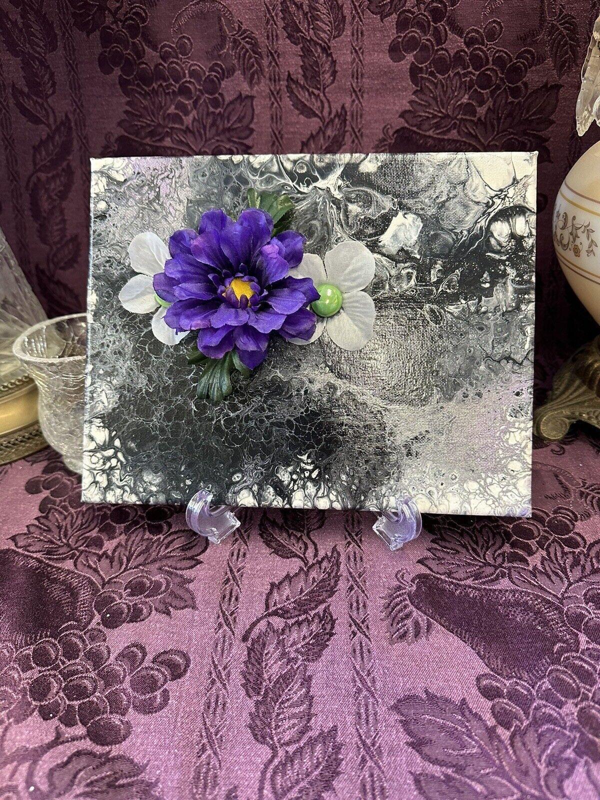 Hand painted Paint Pour 8 X 10 Black White Purple Flowers Wall Hanging Art - Stylin Spirit