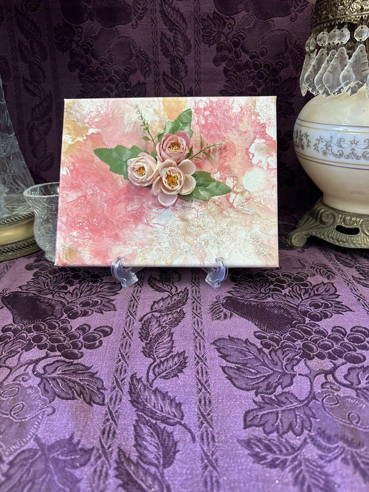 Hand painted Paint Pour 8 X 10 Pink White Gold Flowers Wall Hanging Art - Stylin Spirit