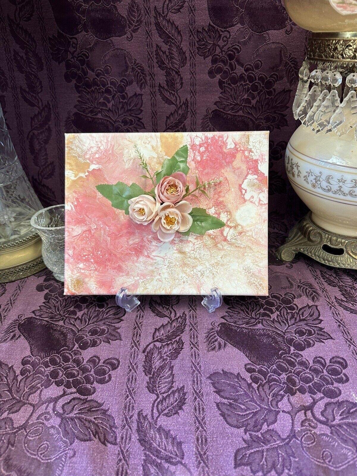 Hand painted Paint Pour 8 X 10 Pink White Gold Flowers Wall Hanging Art - Stylin Spirit